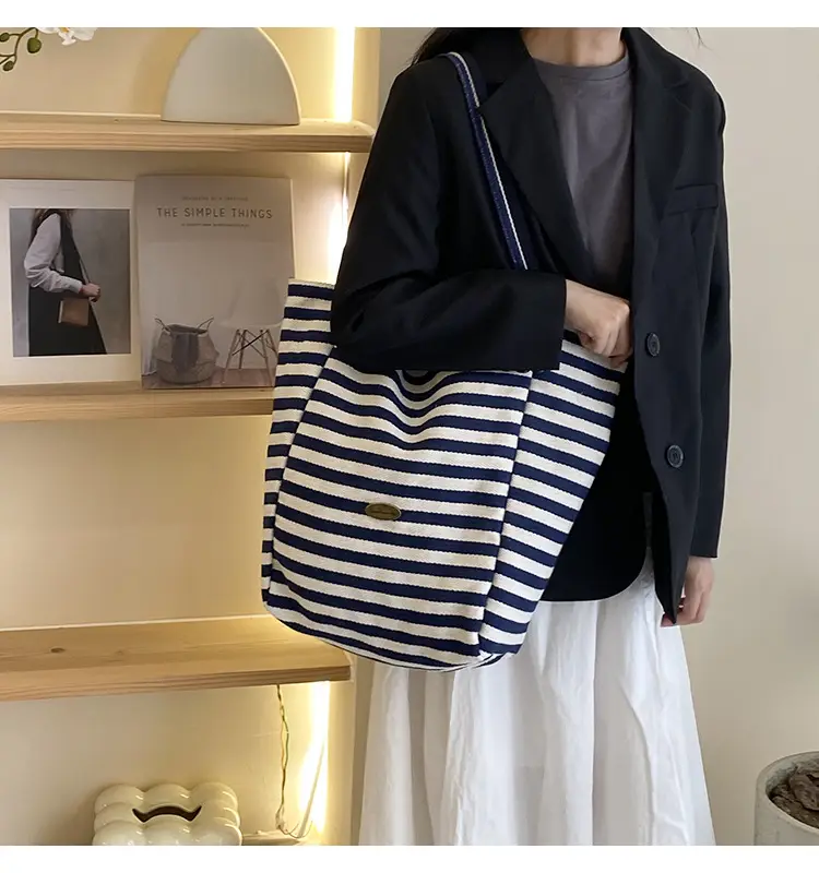 Striped Canvas Tote Bag 2024 New Korean Style — feature 43
