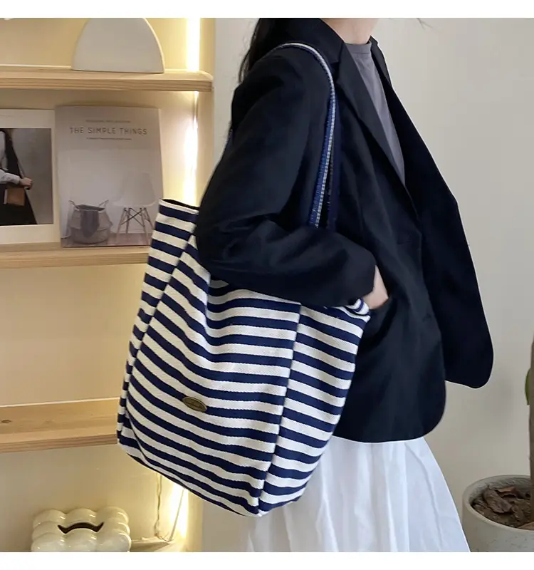 Striped Canvas Tote Bag 2024 New Korean Style — feature 44