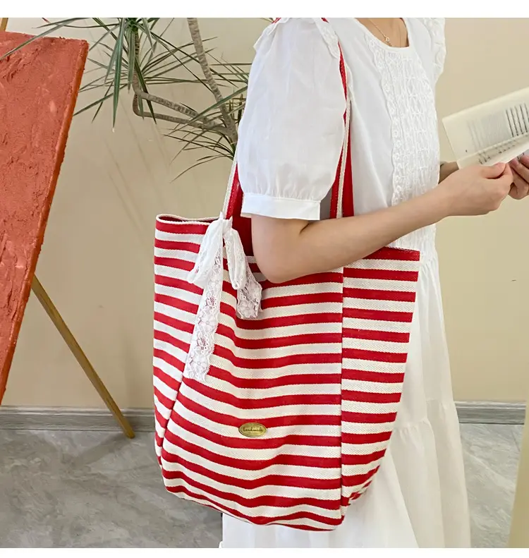 Striped Canvas Tote Bag 2024 New Korean Style — feature 9