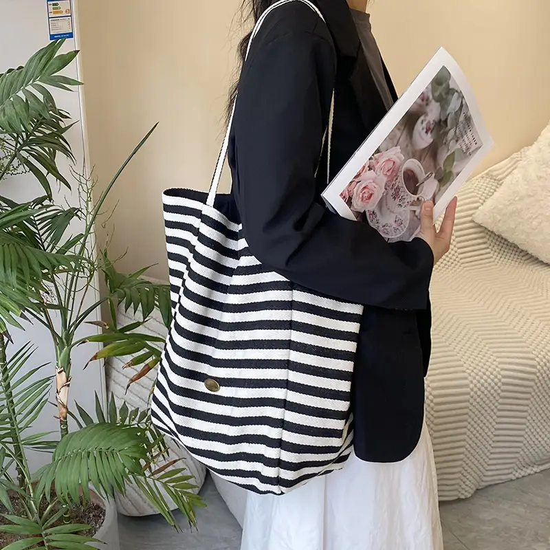 Striped Canvas Tote Bag 2024 New Korean Style - Image 2