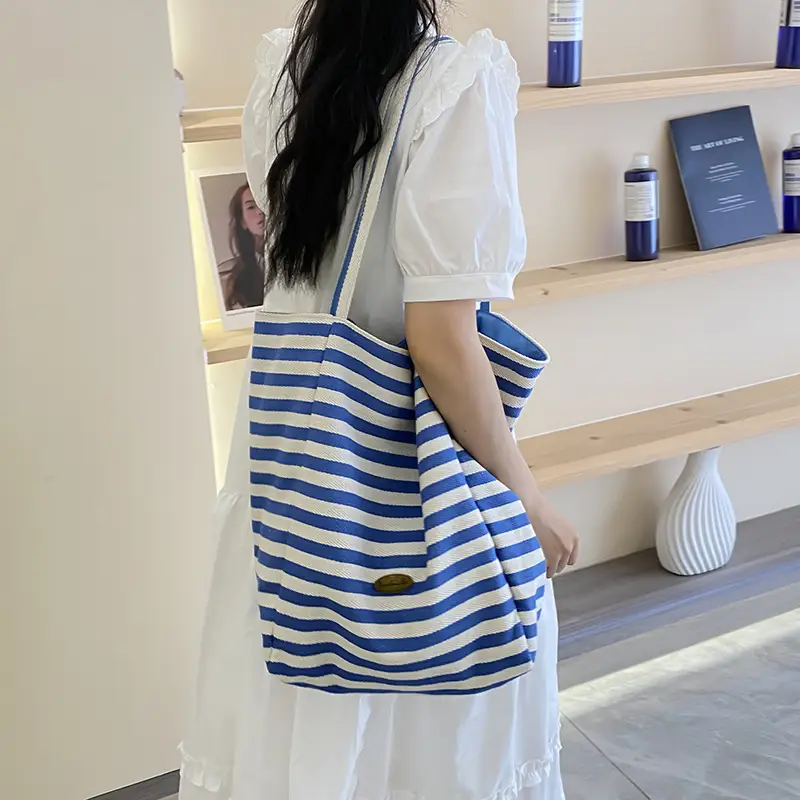 Striped Canvas Tote Bag 2024 New Korean Style - Image 3