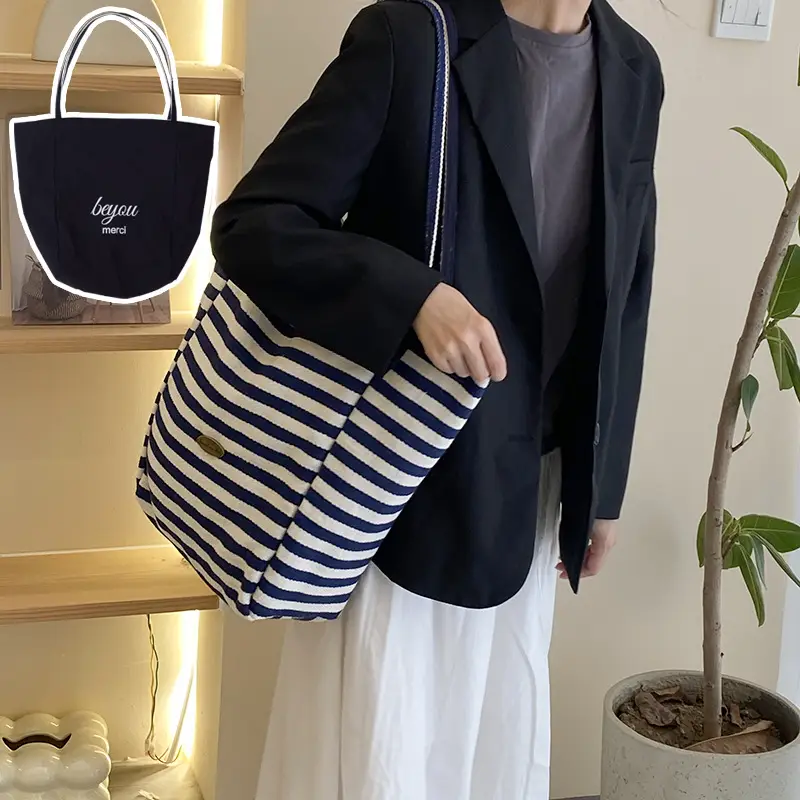Striped Canvas Tote Bag 2024 New Korean Style - Image 4