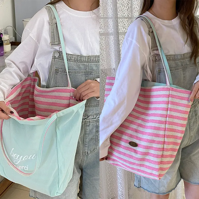 Striped Canvas Tote Bag 2024 New Korean Style - Image 8