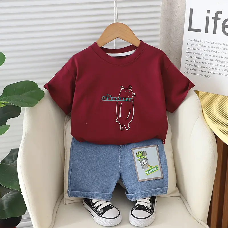 New Kids T-Shirt Shorts Set Maroon Blue Summer Boys - Image 2