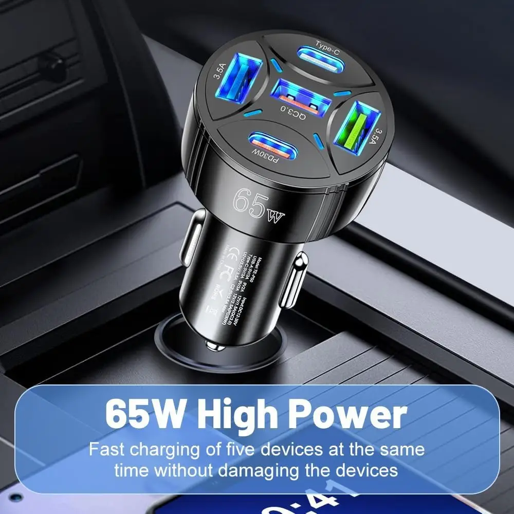 65W Fast Charging Car Charger with 5 USB Ports