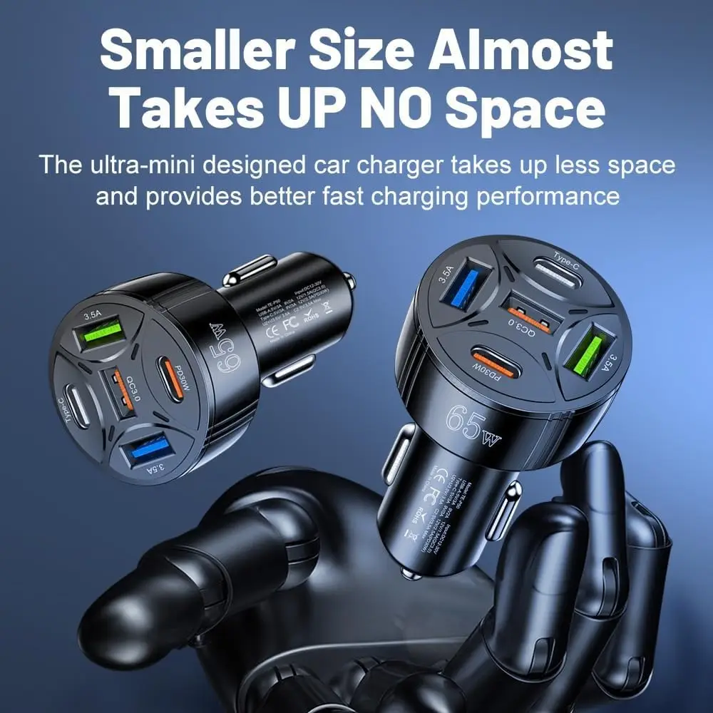 65W Fast Charging Car Charger with 5 USB Ports