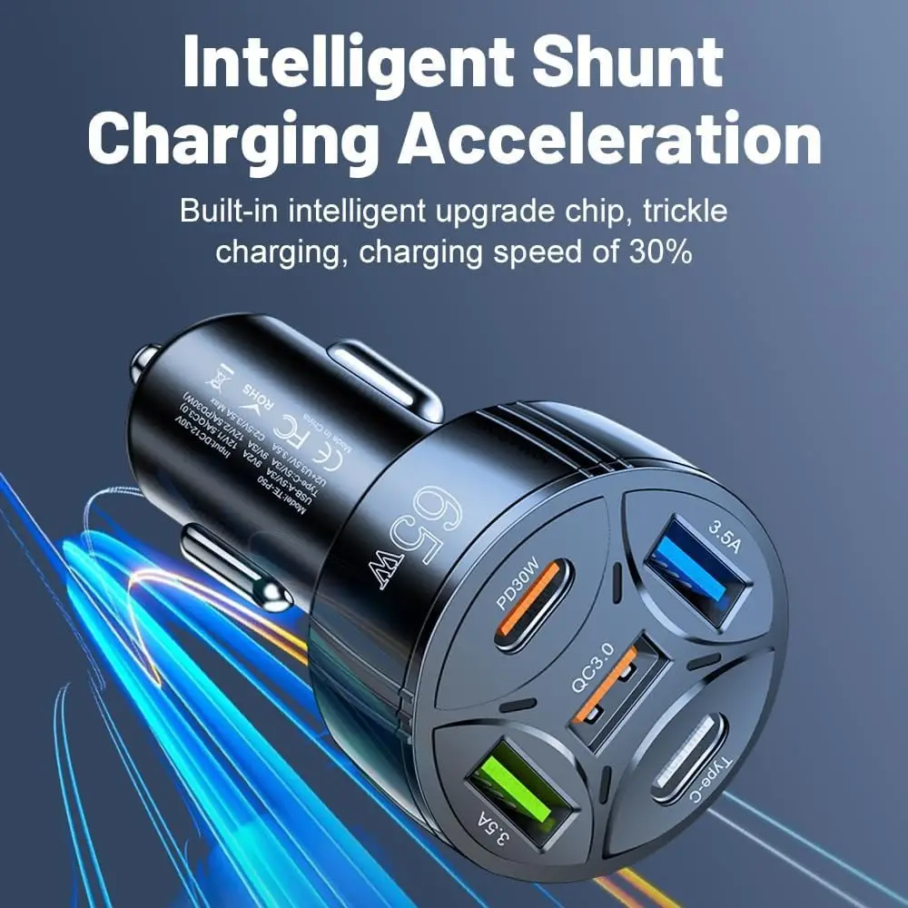 65W Fast Charging Car Charger with 5 USB Ports