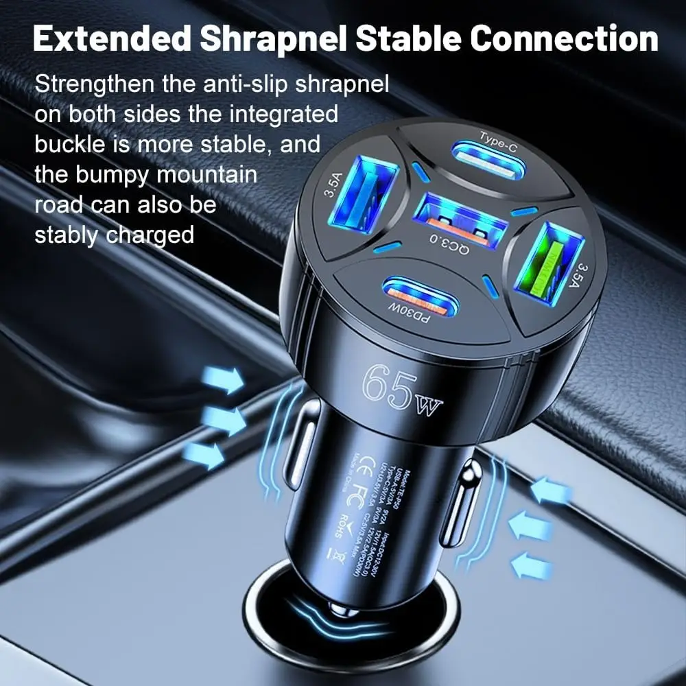 65W Fast Charging Car Charger with 5 USB Ports — feature 2
