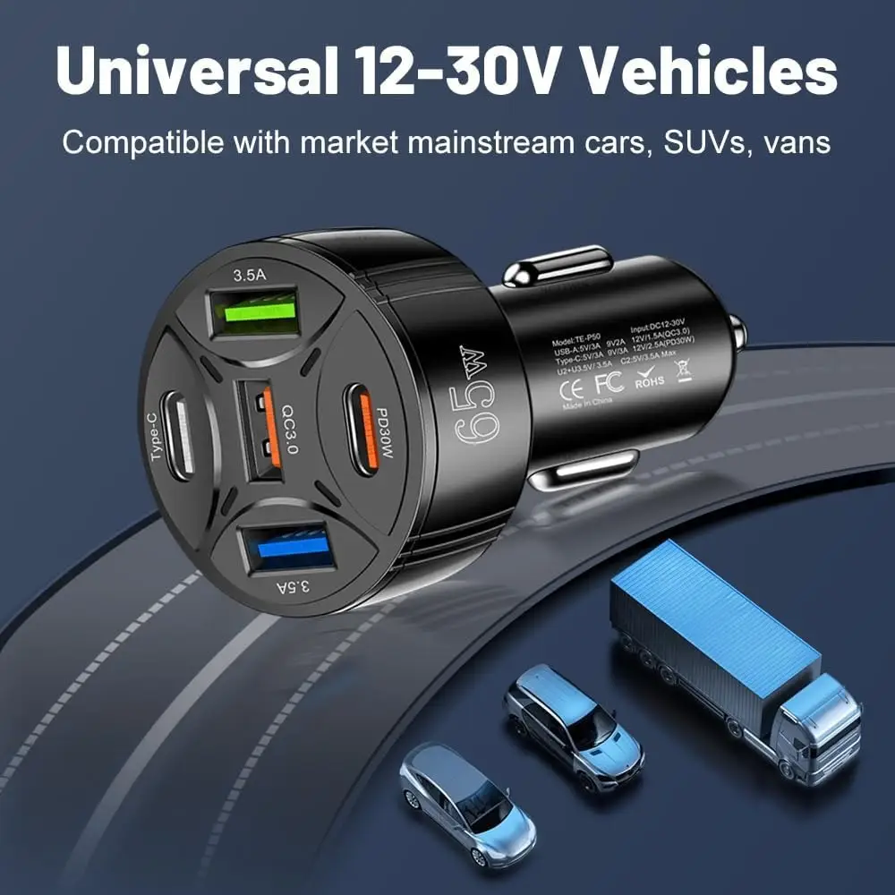 65W Fast Charging Car Charger with 5 USB Ports — feature 4