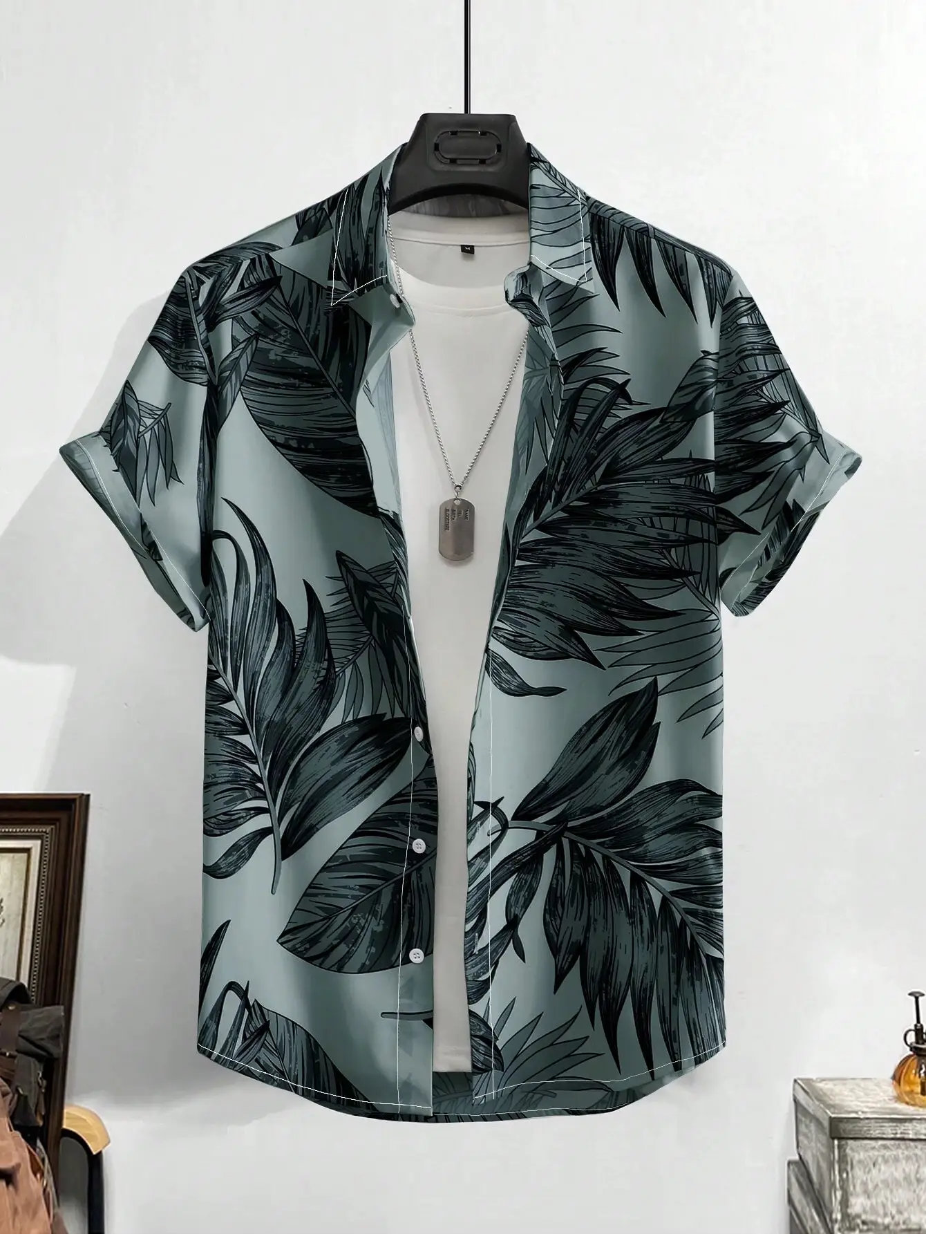 Men's 3D Printed Palm Leaf Shirt White Short Sleeve - Image 12