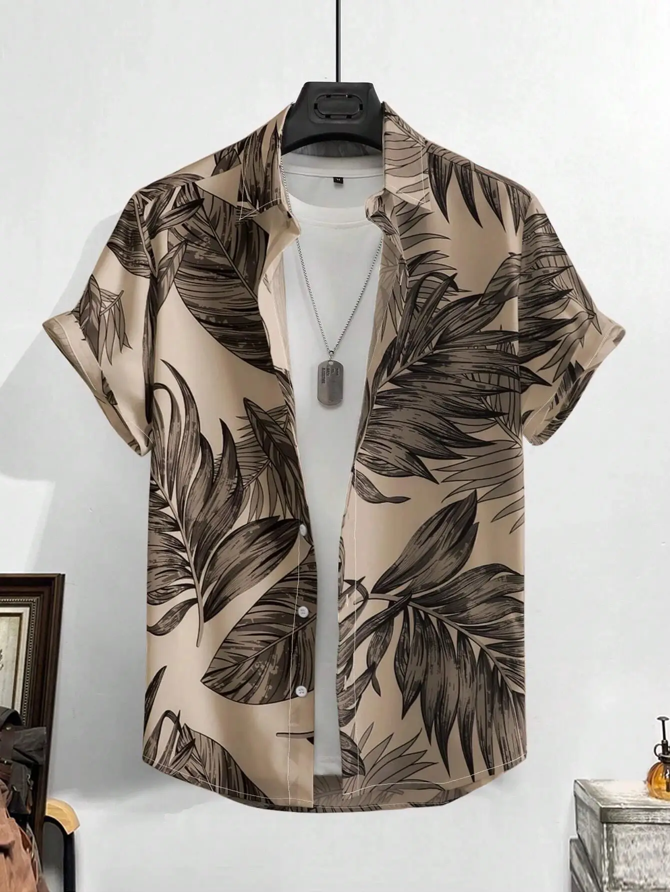 Men's 3D Printed Palm Leaf Shirt White Short Sleeve - Image 25