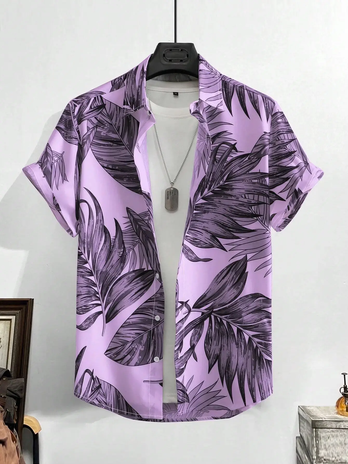 Men's 3D Printed Palm Leaf Shirt White Short Sleeve - Image 7