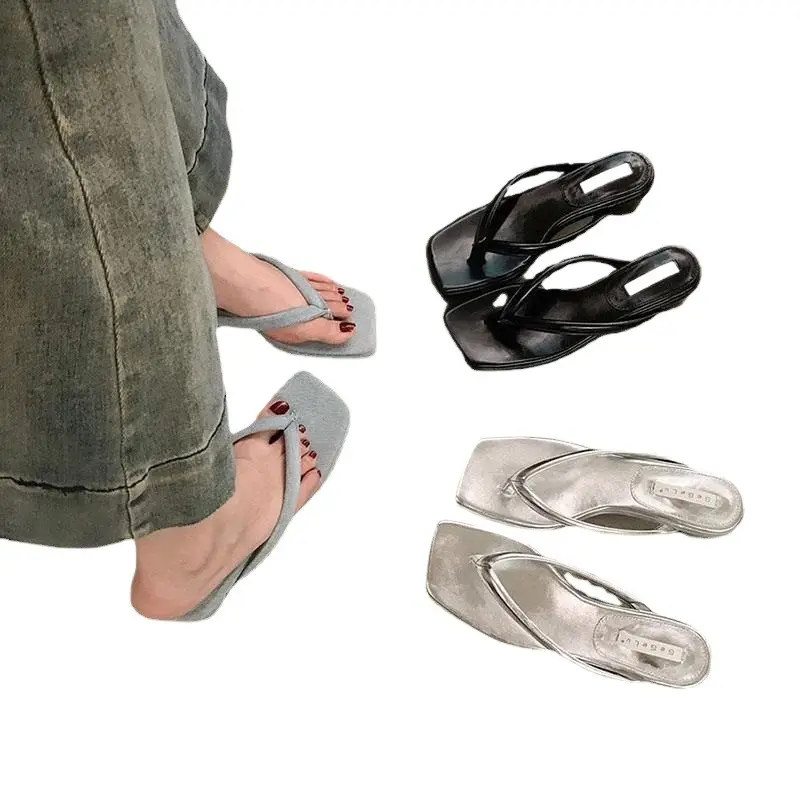 Flip-Flops for Women 2026 New Summer Fashion Thick-Heeled Flip-Flops for Outdoor Wear Silver Non-Slip Thick-Soled Beach Shoes - Image 8