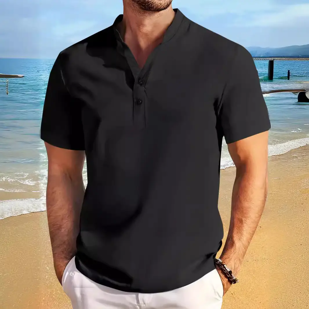 Men's Washed Polo Shirt Cotton Linen 2024 Summer - Image 7