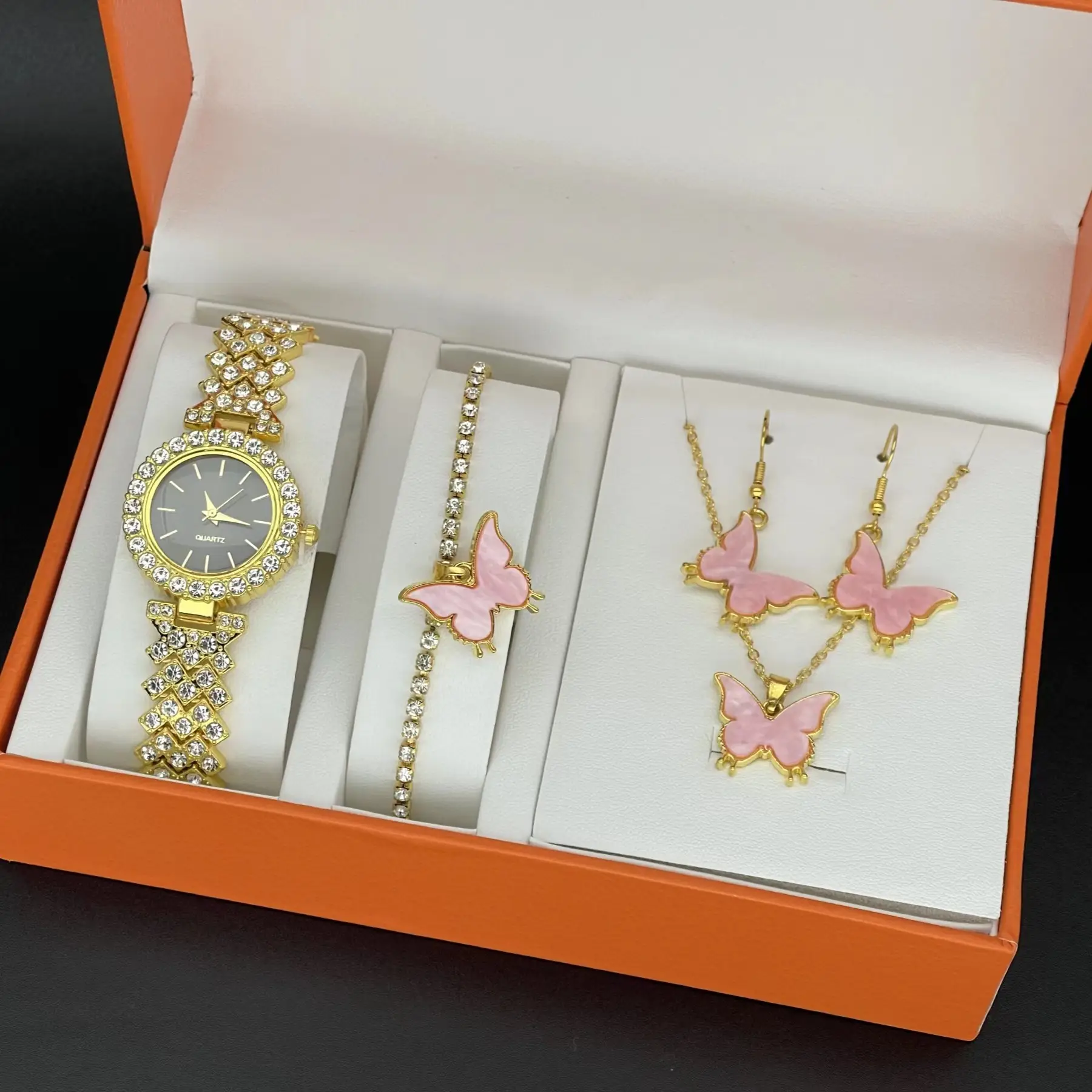 Elegant Pink Butterfly Watch & Earrings Set for Women