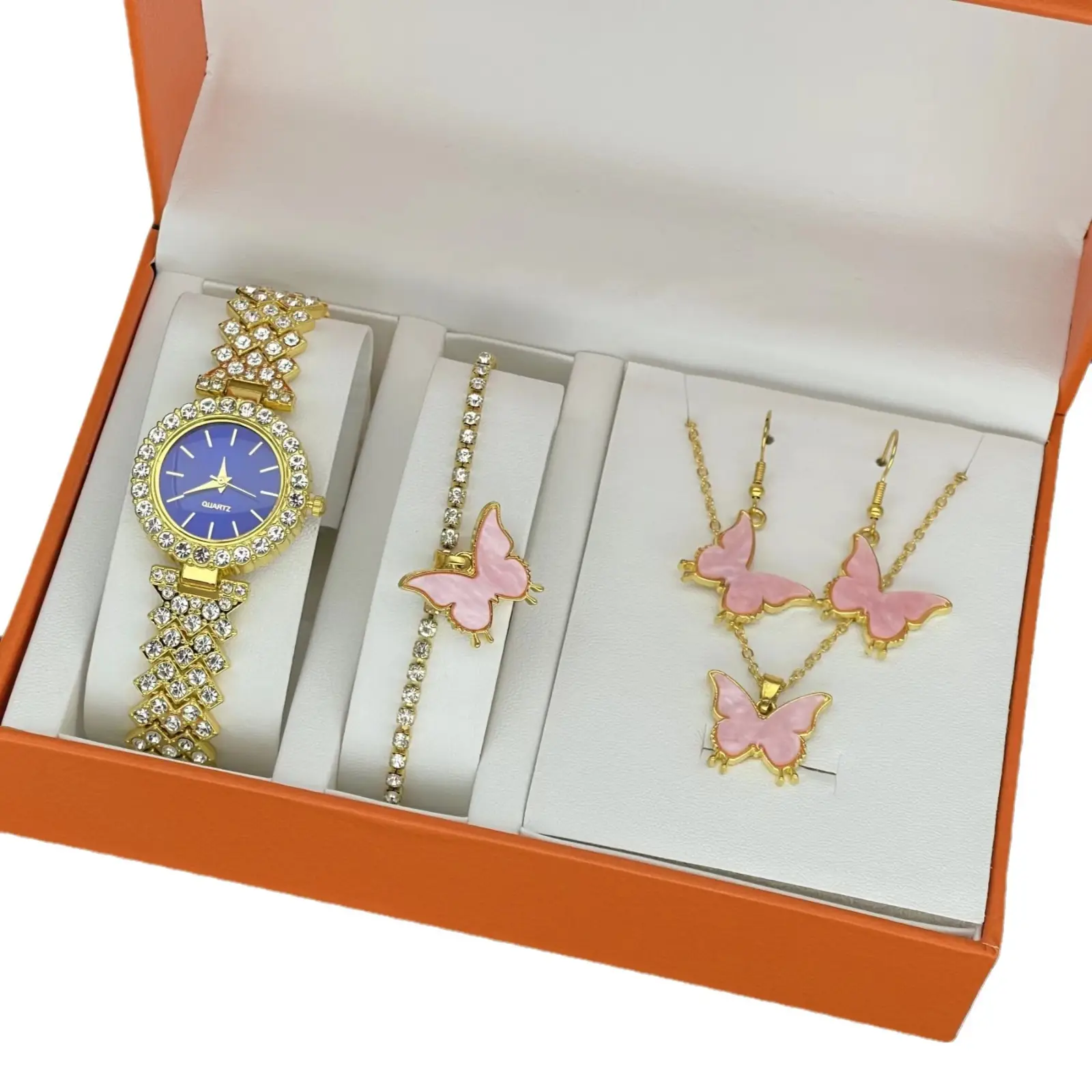 Elegant Pink Butterfly Watch & Earrings Set for Women