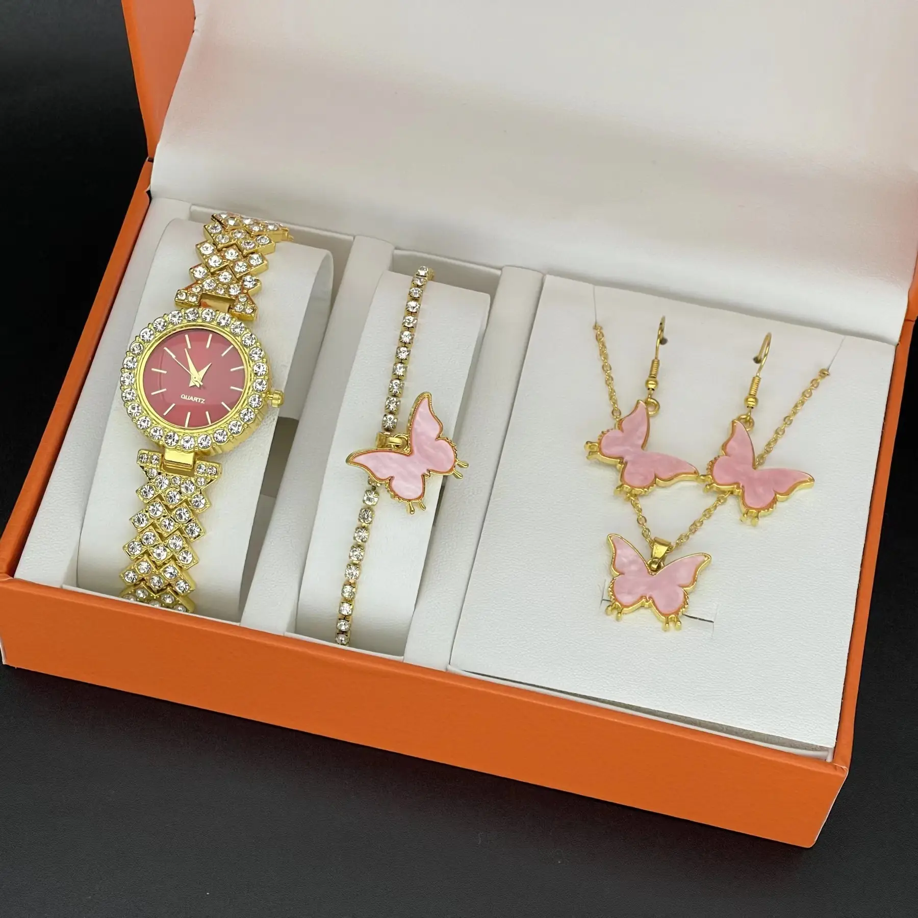 Elegant Pink Butterfly Watch & Earrings Set for Women