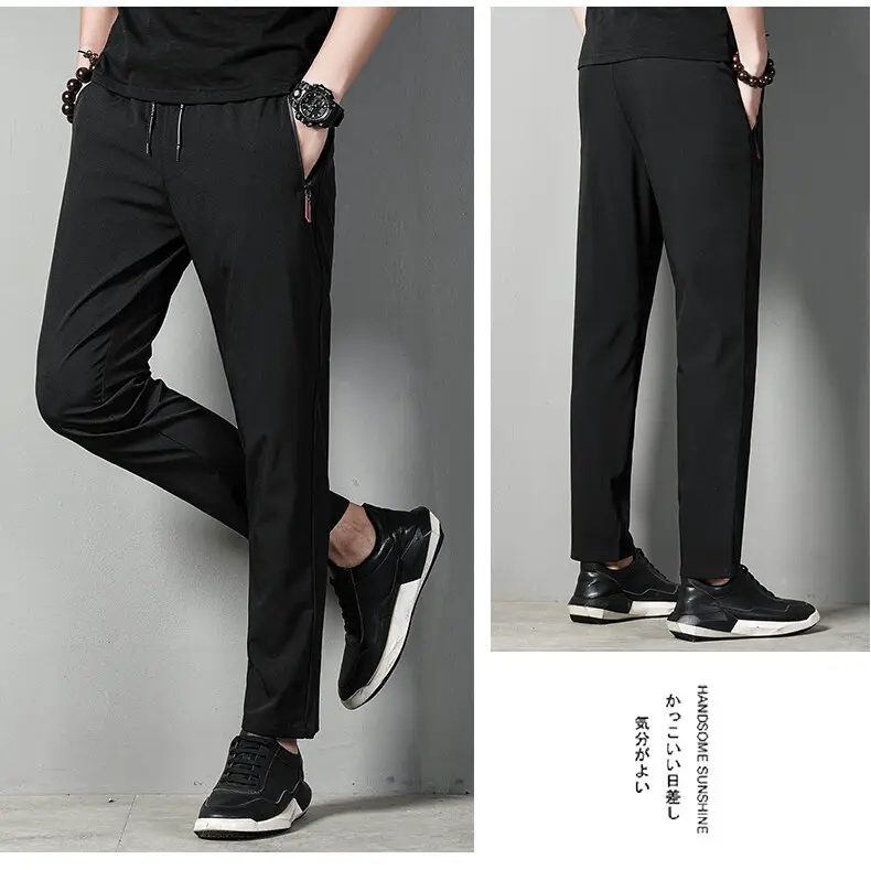 Men's Black Ice Silk Straight Pants Summer Casual — feature 13