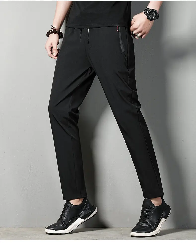 Men's Black Ice Silk Straight Pants Summer Casual — feature 14