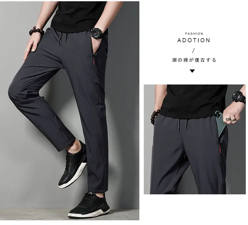 Men's Black Ice Silk Straight Pants Summer Casual — feature 21