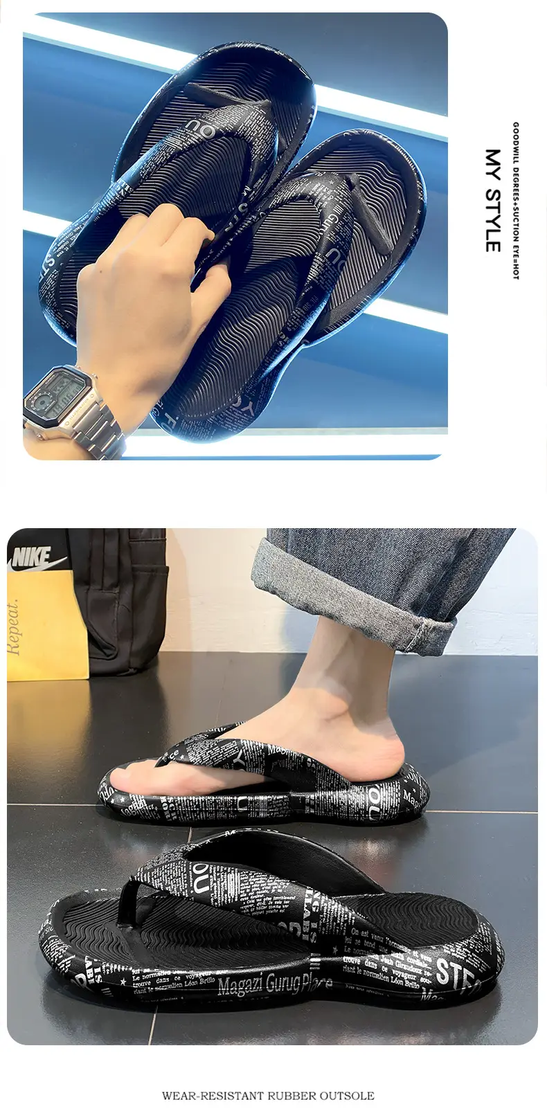 2025 Men Blue Printed Flip Flops Summer Sandals — feature 9