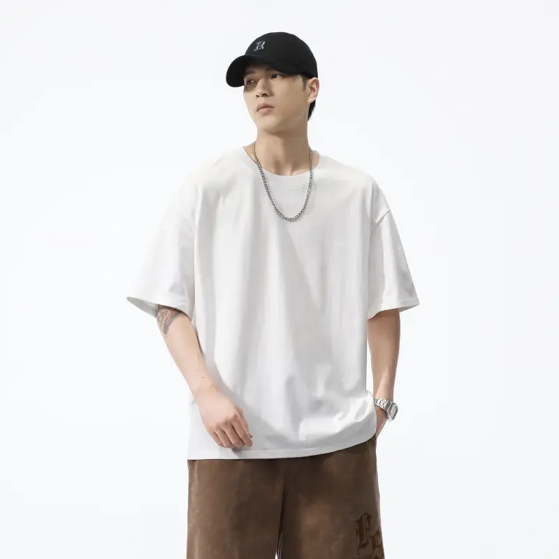 Plus Size Men's White Heavy Crewneck T-Shirt 260G - Image 4