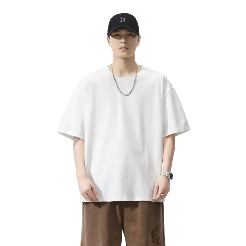 Plus Size Men's White Heavy Crewneck T-Shirt 260G - Image 7