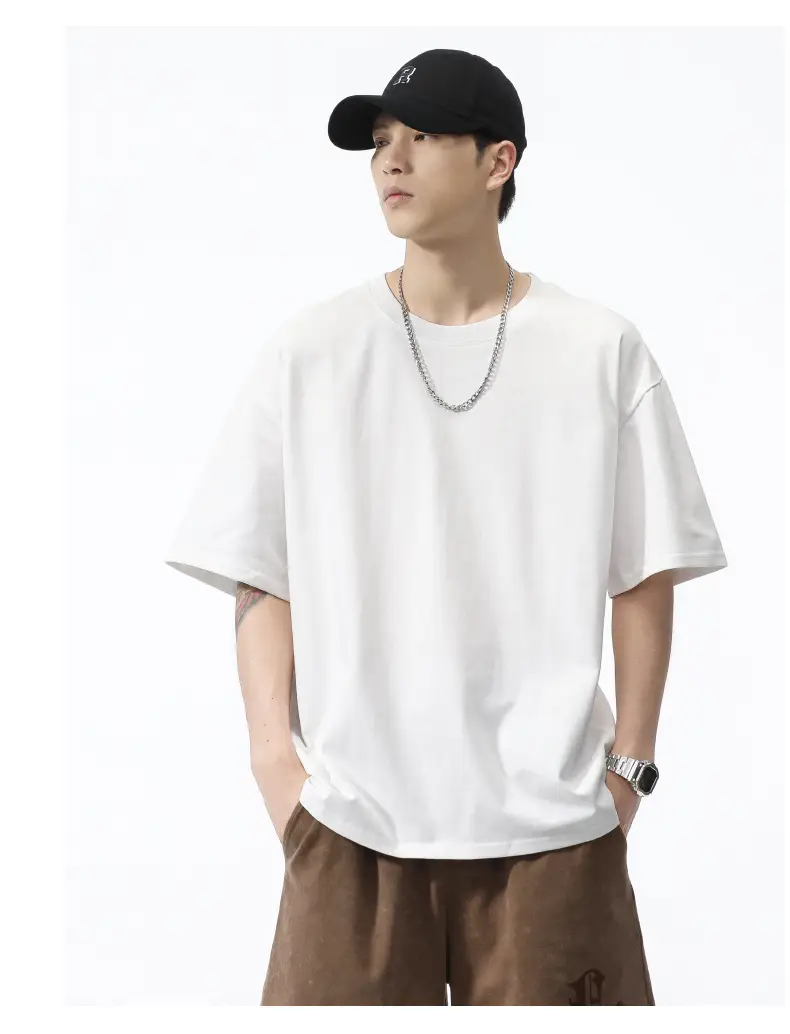 Plus Size Men's White Heavy Crewneck T-Shirt 260G — feature 13