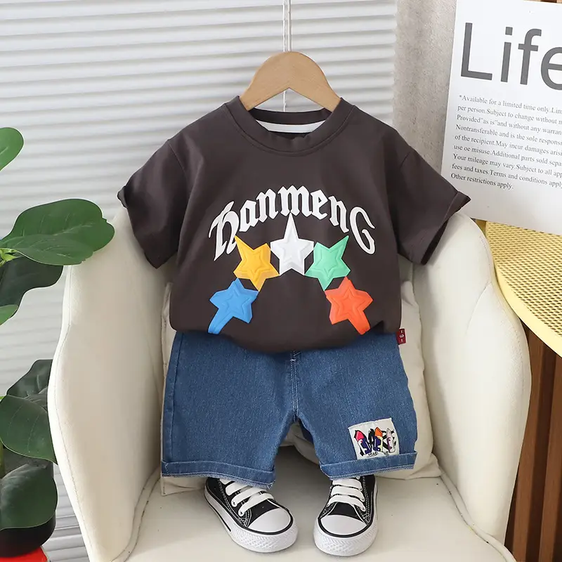 Boys Star Print Cotton Shorts Set Brown Blue - Image 2