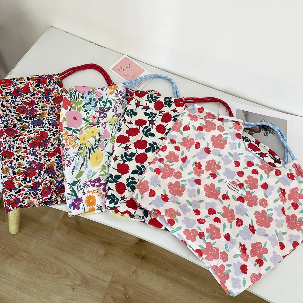 Floral Canvas Shoulder Bag Large Capacity Drawstring