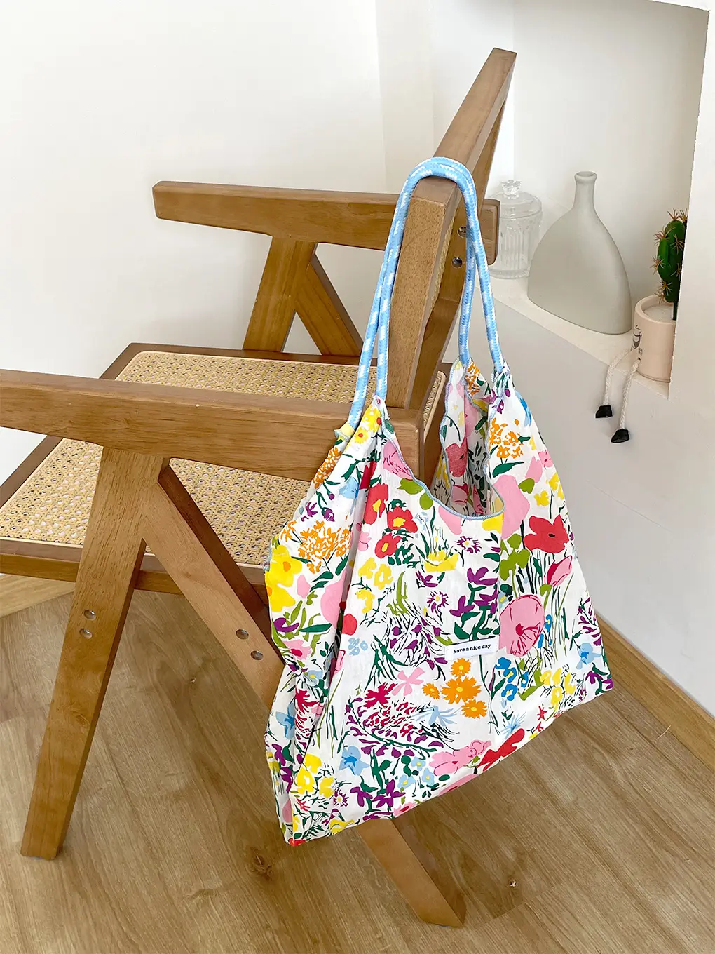 Floral Canvas Shoulder Bag Large Capacity Drawstring