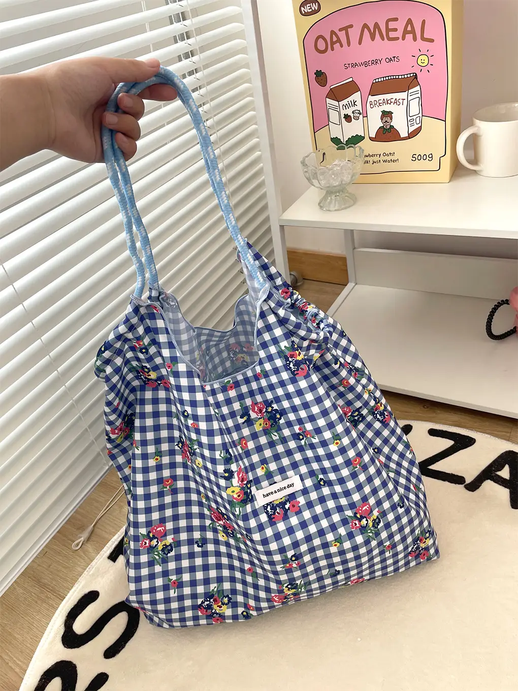 Floral Canvas Shoulder Bag Large Capacity Drawstring