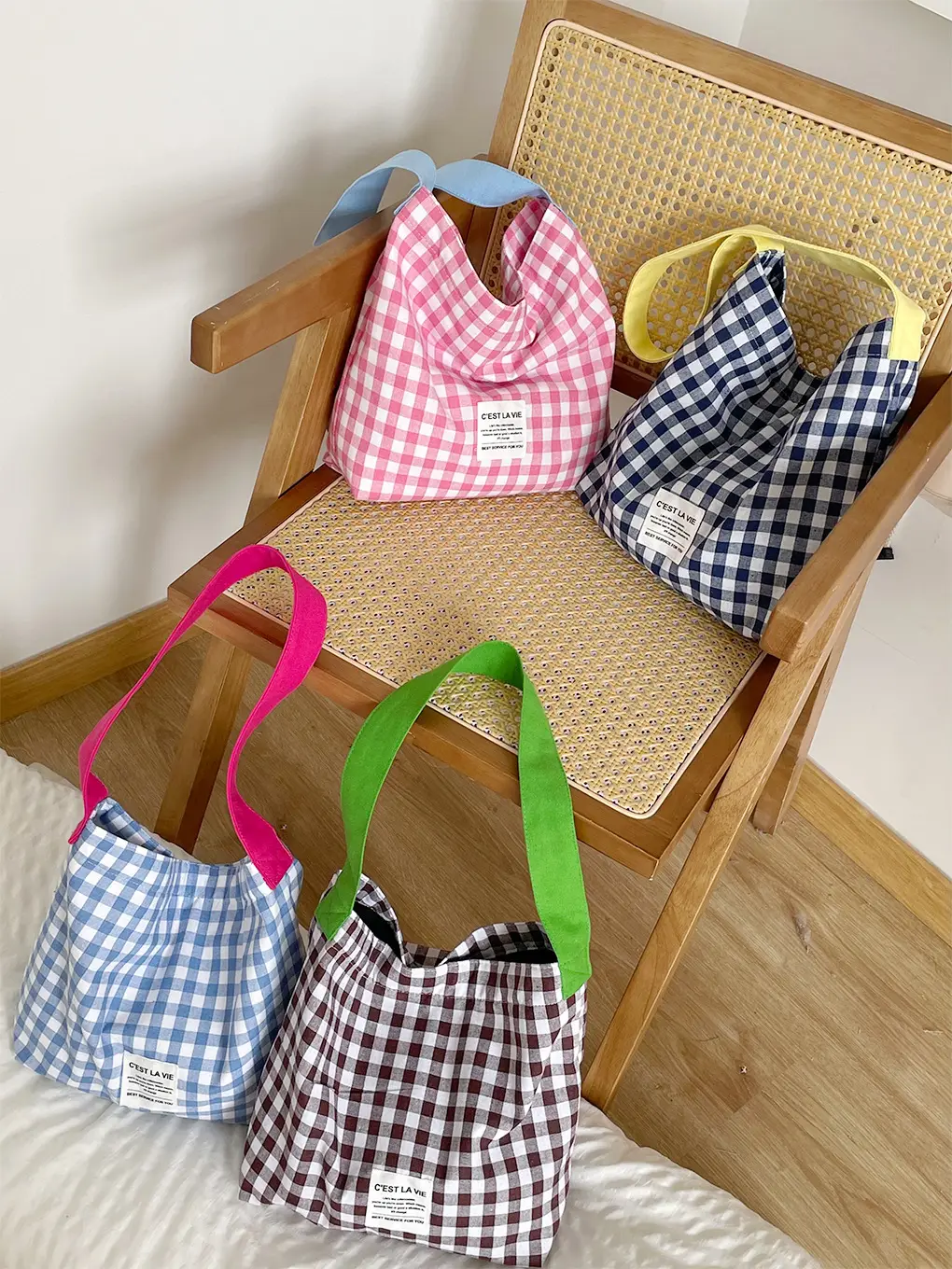 Striped Plaid Canvas Shoulder Bag Large Capacity - Image 6