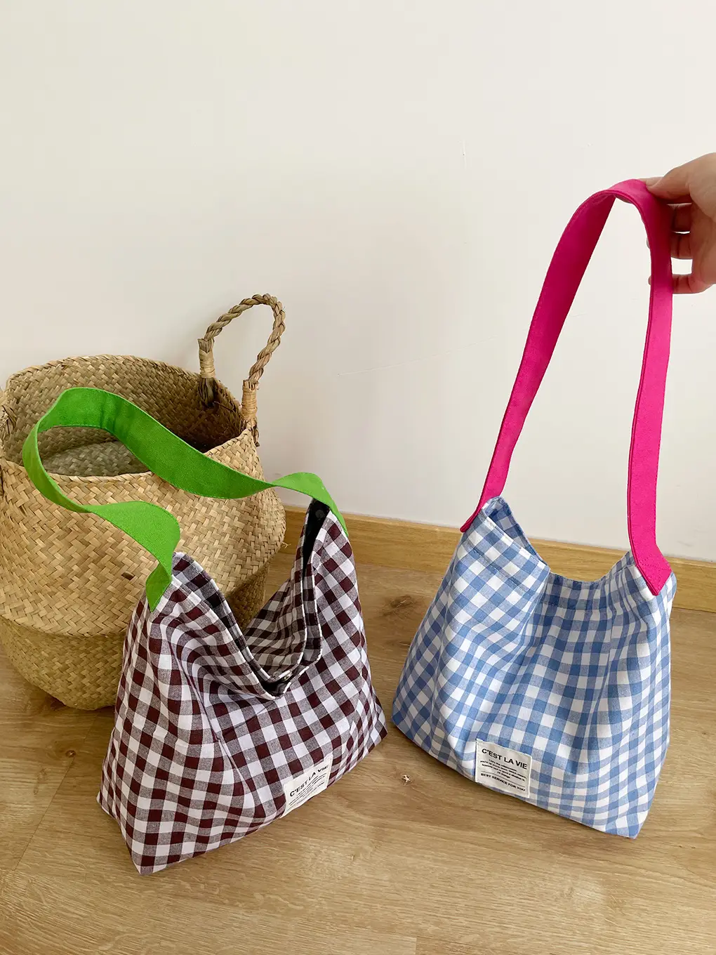 Striped Plaid Canvas Shoulder Bag Large Capacity - Image 8