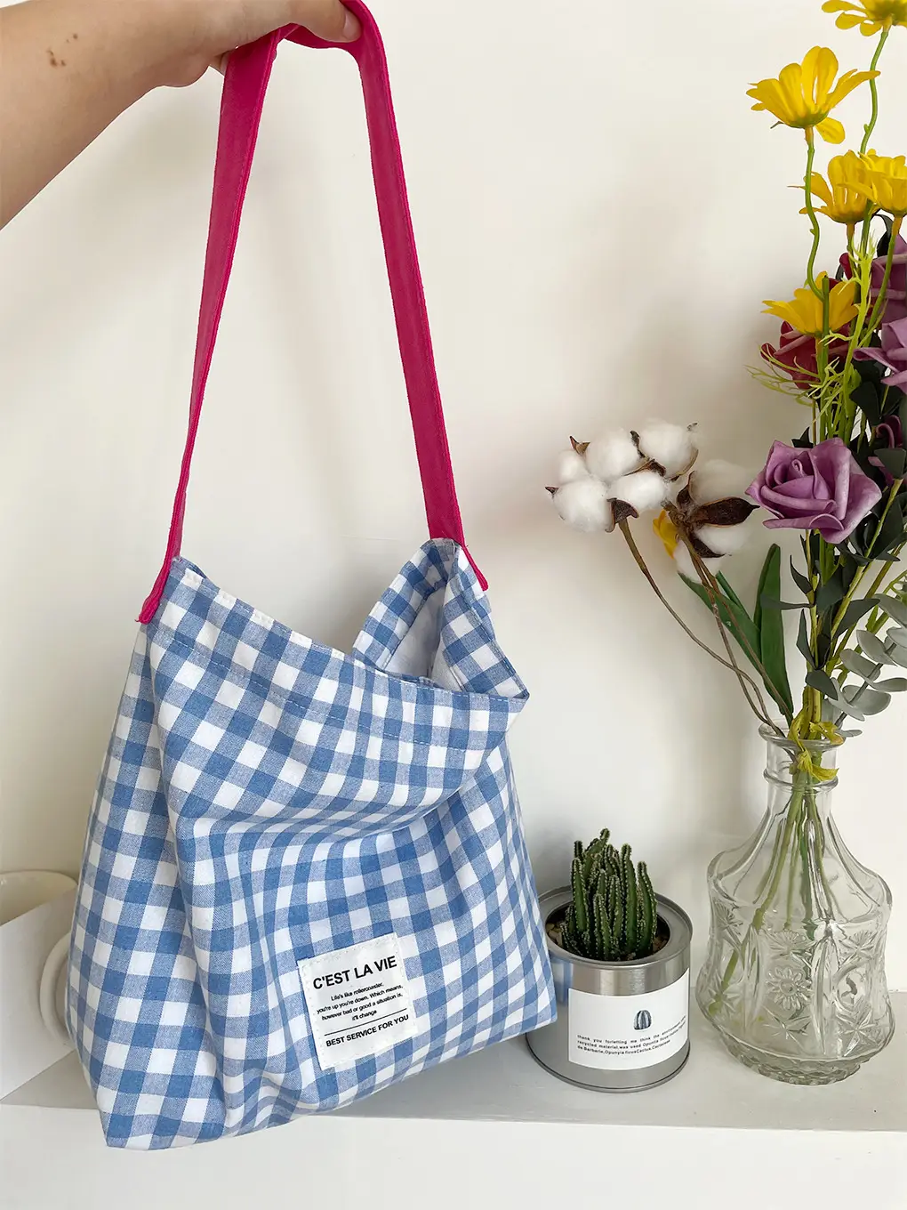 Striped Plaid Canvas Shoulder Bag Large Capacity - Image 4