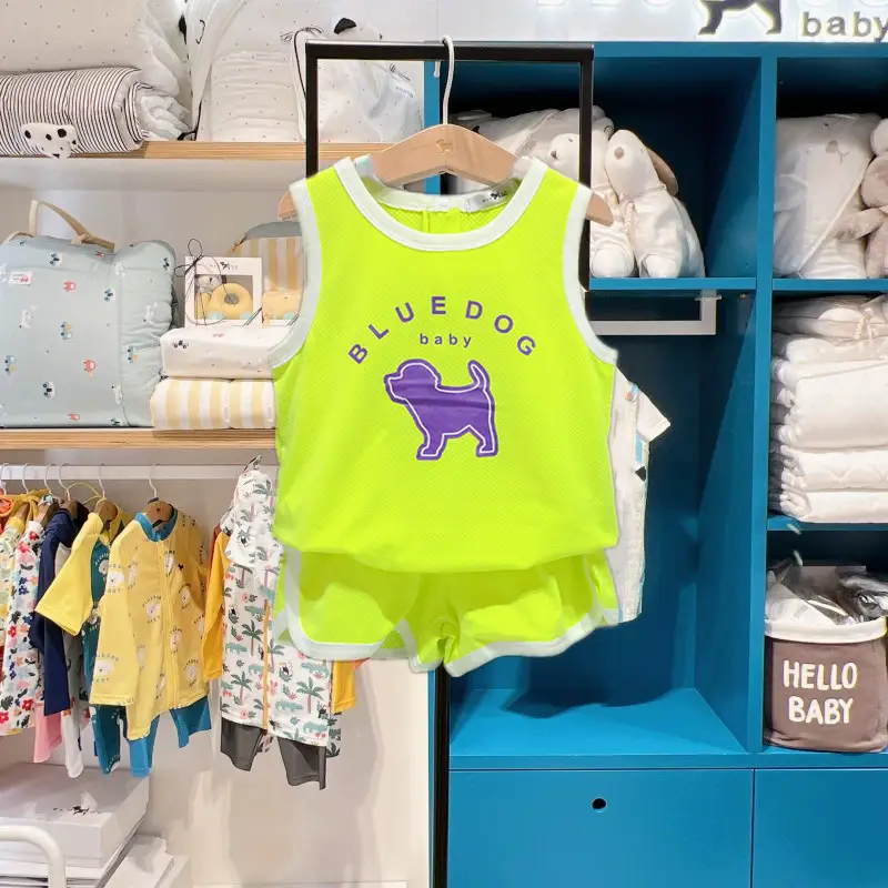 New Boys Sleeveless Vest & Shorts Set Turquoise with Dog Print - Image 2