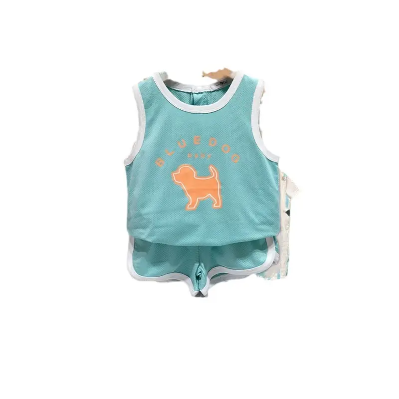 New Boys Sleeveless Vest & Shorts Set Turquoise with Dog Print - Image 6