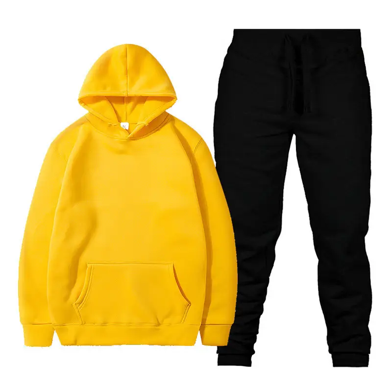 Men Fleece Hoodie Sweatshirt Set Yellow Black