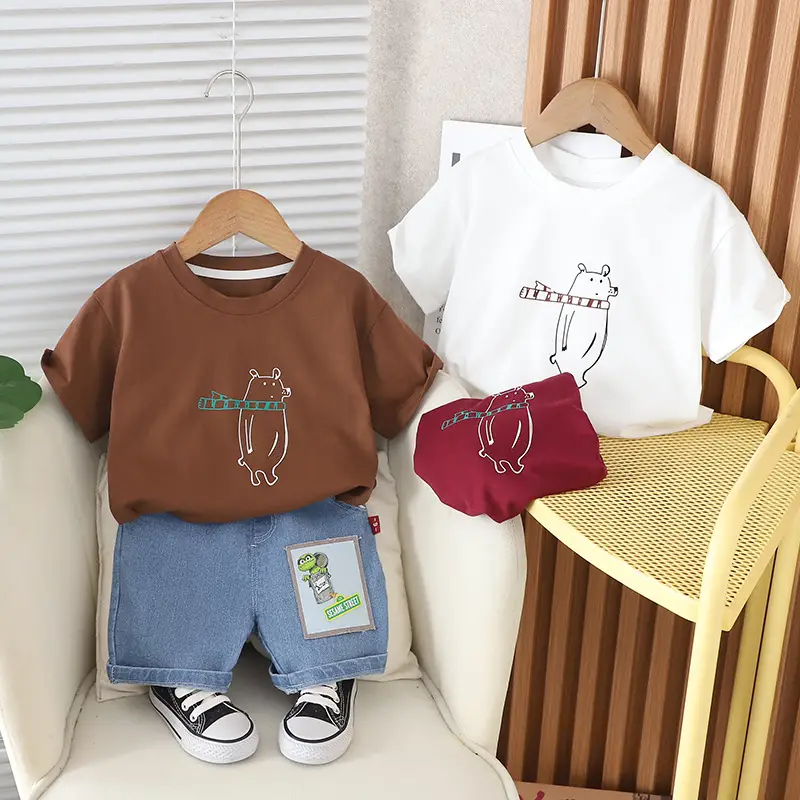 Baby Summer T-Shirt Shorts Set Brown Cotton Casual Western Style