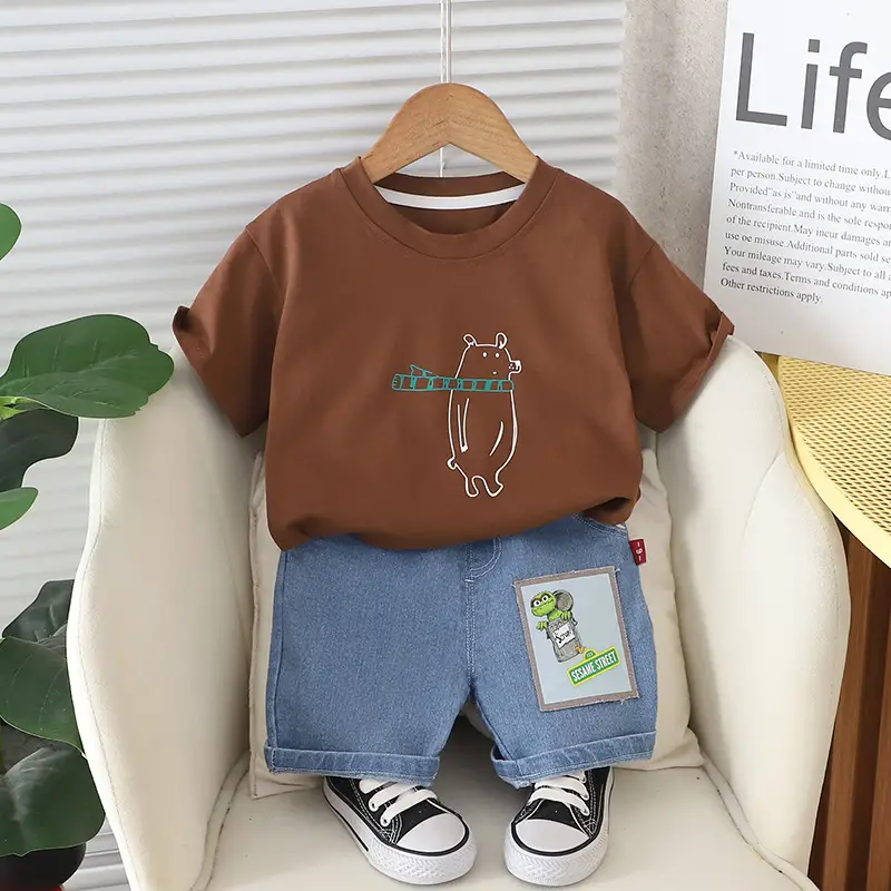 Baby Summer T-Shirt Shorts Set Brown Cotton Casual Western Style