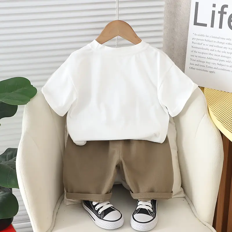 Kids Cotton Short Sleeve T-Shirt Pant Set White Brown Summer - Image 5