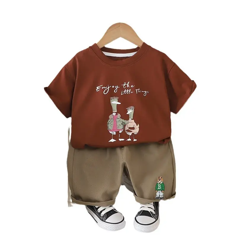 Kids Cotton Short Sleeve T-Shirt Pant Set White Brown Summer - Image 6