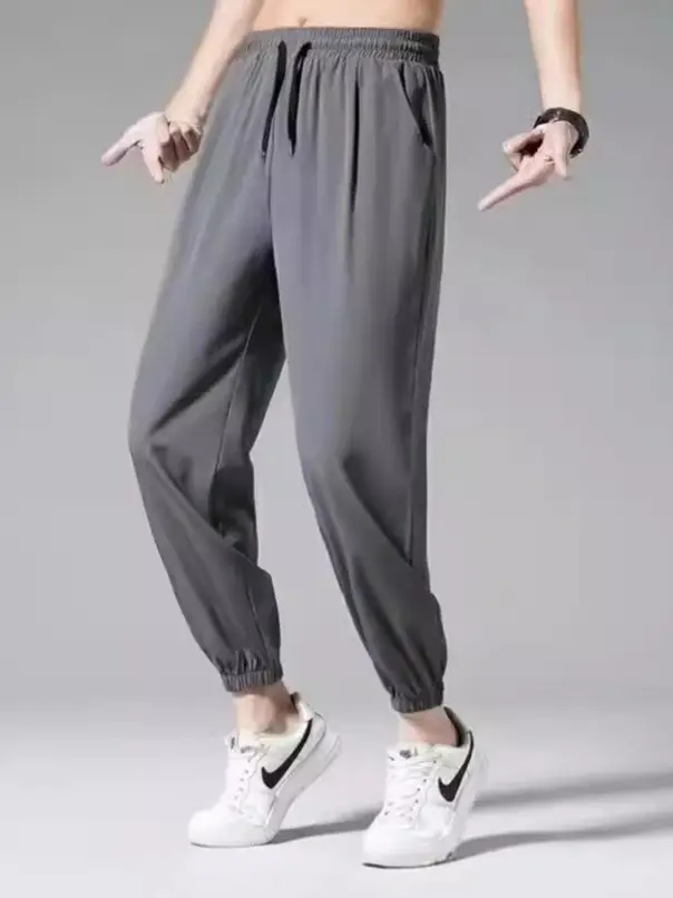 Men Korean Style Ice Silk Cropped Pants Grey - Image 9
