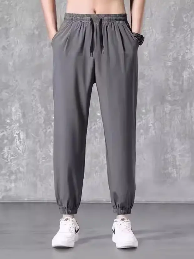 Men Korean Style Ice Silk Cropped Pants Grey - Image 10