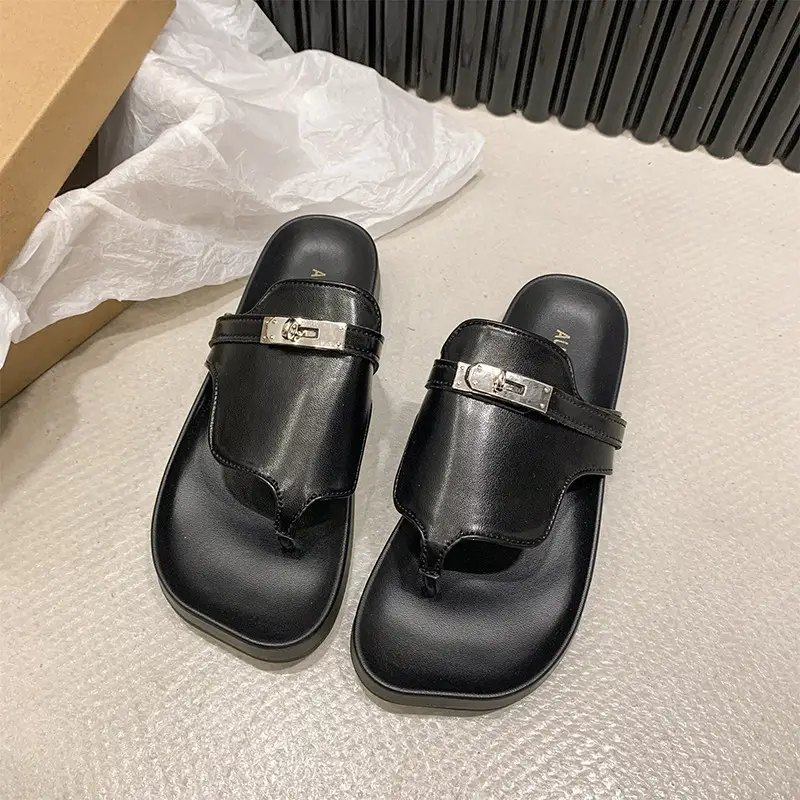 2024 French Style Black White Flip Flops with Silver Buckle - Image 4