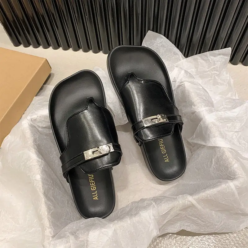 2024 French Style Black White Flip Flops with Silver Buckle - Image 5