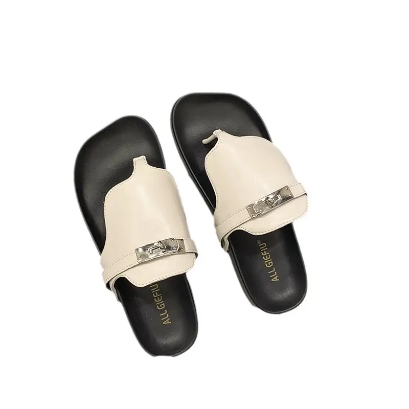 2024 French Style Black White Flip Flops with Silver Buckle - Image 7