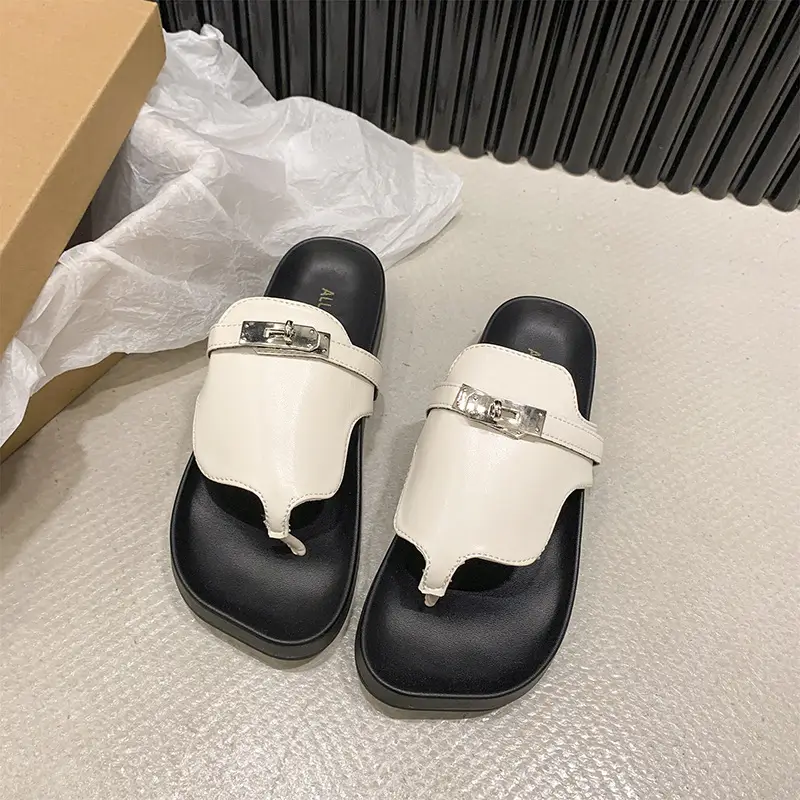 2024 French Style Black White Flip Flops with Silver Buckle — feature 11