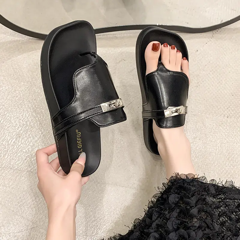 2024 French Style Black White Flip Flops with Silver Buckle — feature 13