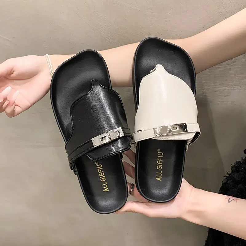 2024 French Style Black White Flip Flops with Silver Buckle — feature 14